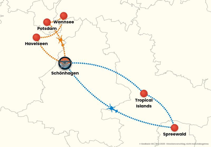 Routenkarte ab Schönhagen – ABENTEUERFLUG 60 Min. + 15 Min. Bonus