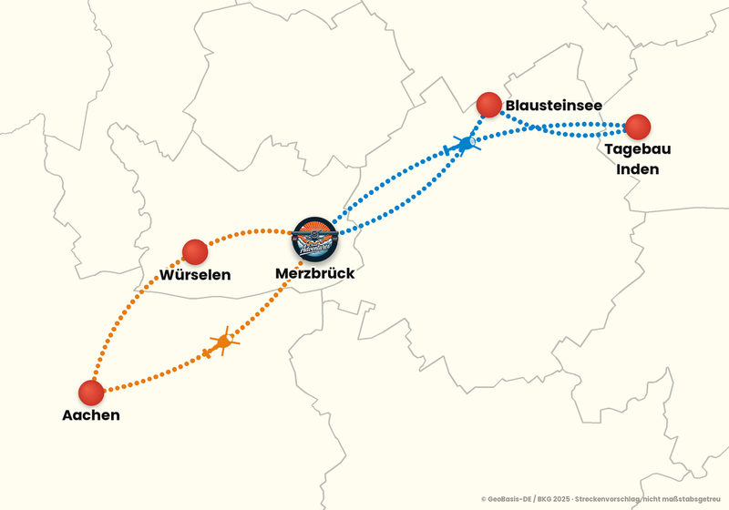 Routenkarte ab Aachen-Merzbrück – EINSTIEGSFLUG 15 Min.