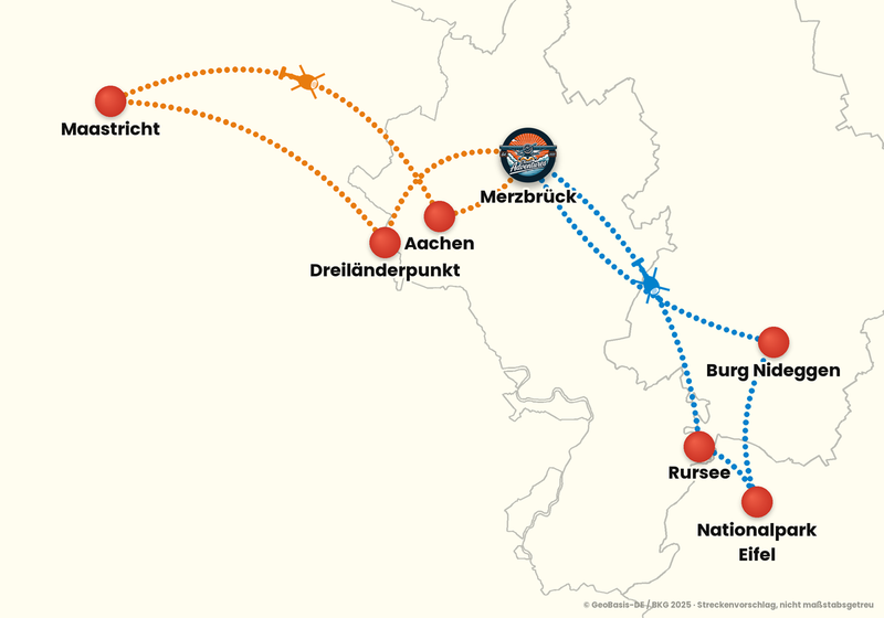 Routenkarte ab Aachen-Merzbrück – ABENTEUERFLUG 60 Min. + 15 Min. Bonus