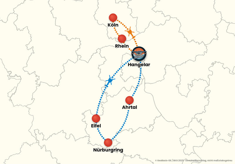 Routenkarte ab Bonn-Hangelar – ABENTEUERFLUG 60 Min. + 15 Min. Bonus