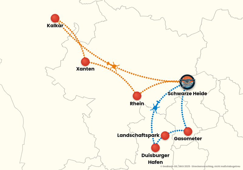 Routenkarte ab Dinslaken/Schwarze Heide – ABENTEUERFLUG 60 Min. + 15 Min. Bonus