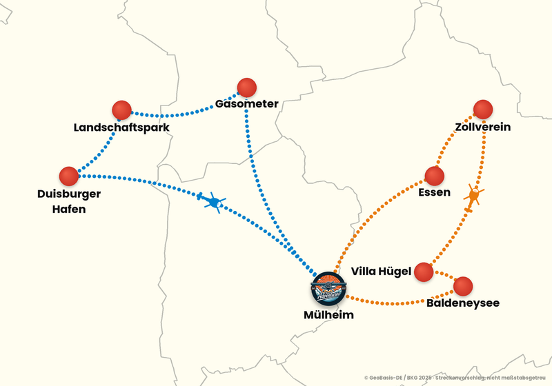 Routenkarte ab Essen/Mülheim – RUNDFLUG 30 Min.