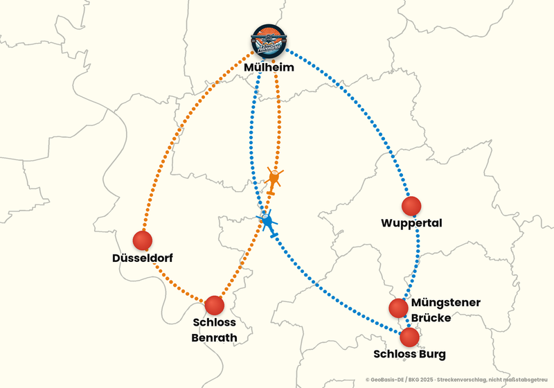 Routenkarte ab Essen/Mülheim – ABENTEUERFLUG 60 Min. + 15 Min. Bonus