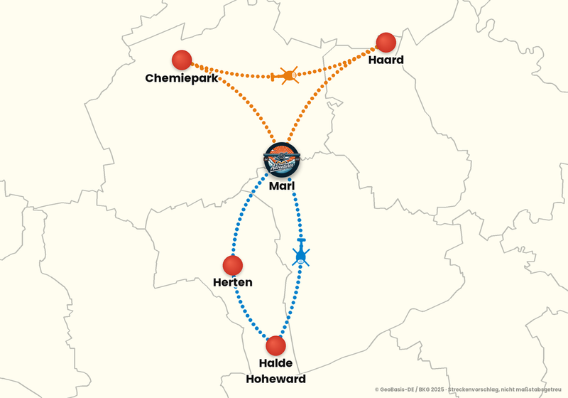 Routenkarte ab Marl-Loemühle – EINSTIEGSFLUG 15 Min.
