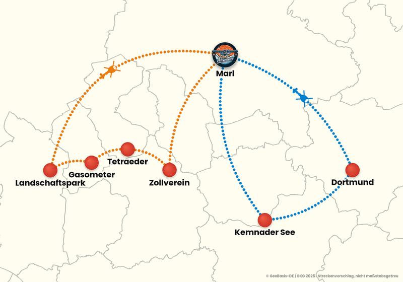 Routenkarte ab Marl-Loemühle – ABENTEUERFLUG 60 Min. + 15 Min. Bonus