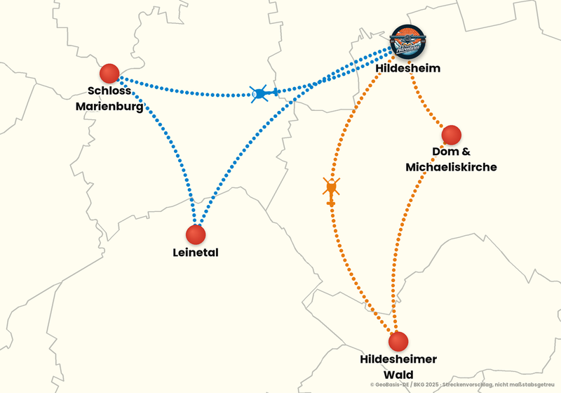 Routenkarte ab Hildesheim – EINSTIEGSFLUG 15 Min.