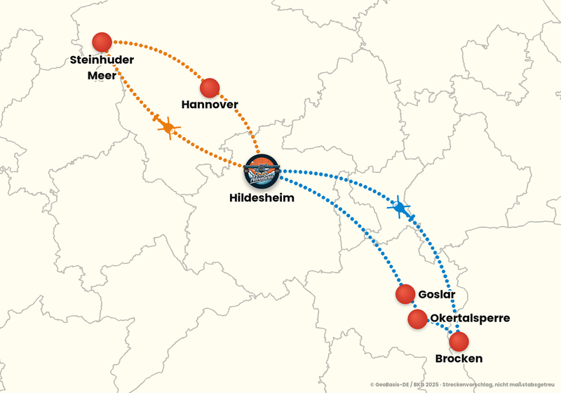 Routenkarte ab Hildesheim – ABENTEUERFLUG 60 Min. + 15 Min. Bonus