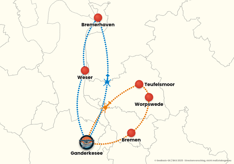 Routenkarte ab Ganderkesee – ABENTEUERFLUG 60 Min. + 15 Min. Bonus